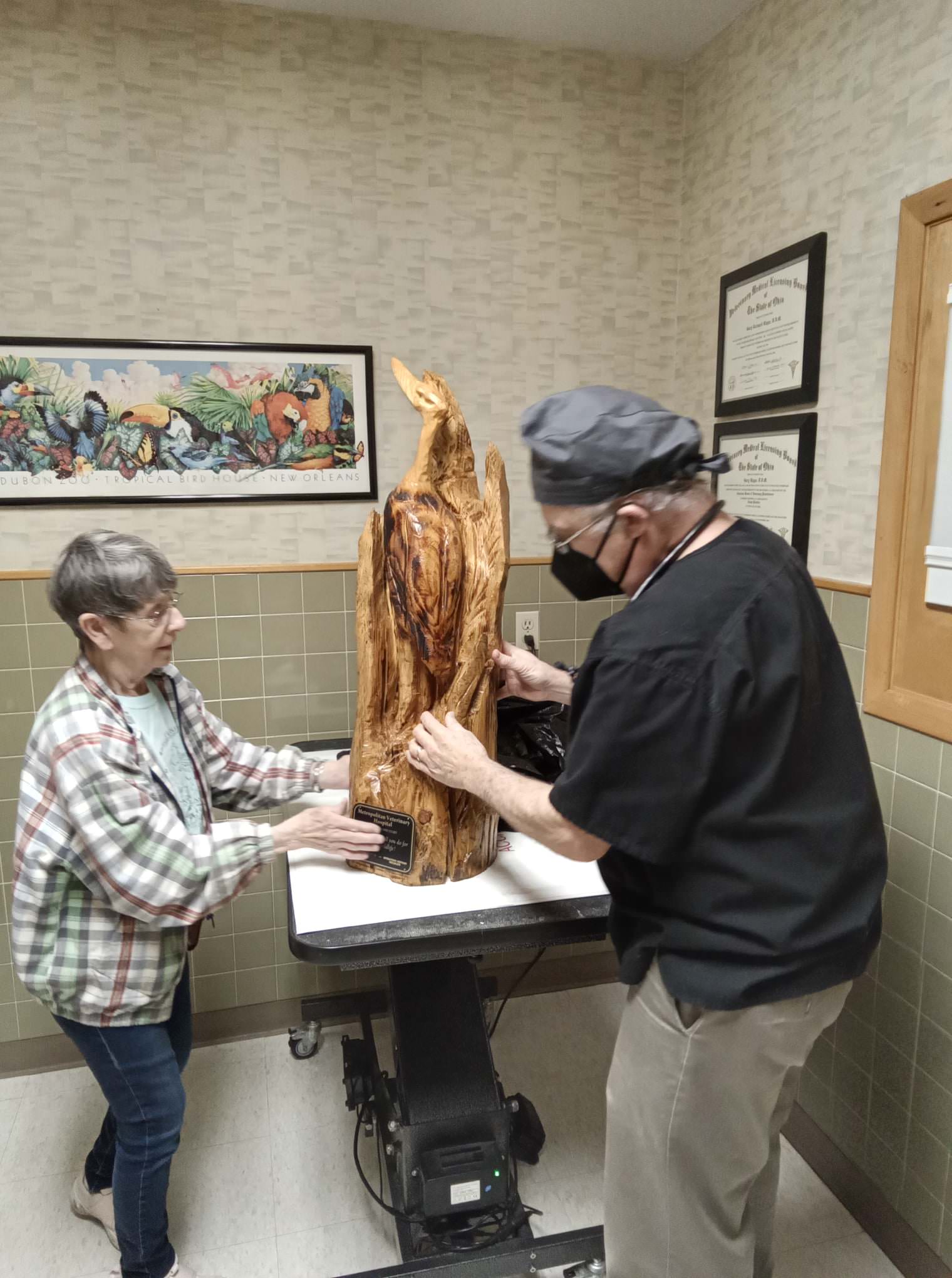 Today Laura Jordan of Medina Raptor Center and Fran Kitchen of Operation Orphan Wildlife Rehabilitation, Inc. presented Dr. Riggs and Metropolitan Veterinary Hospital with this beautiful carving of a Heron for all the work that they do for wildlife.